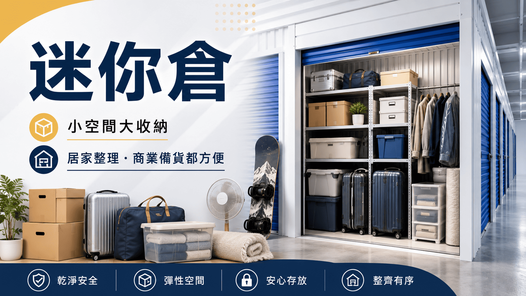 迷你倉是提供個人或企業短期、長期存放物品的小型倉儲空間，常見於搬家過渡。
