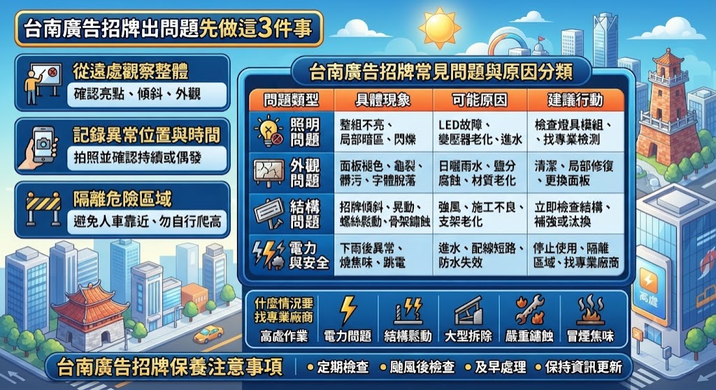 台南廣告招牌出問題怎麼辦？常見原因、排查流程與維修注意事項一次看