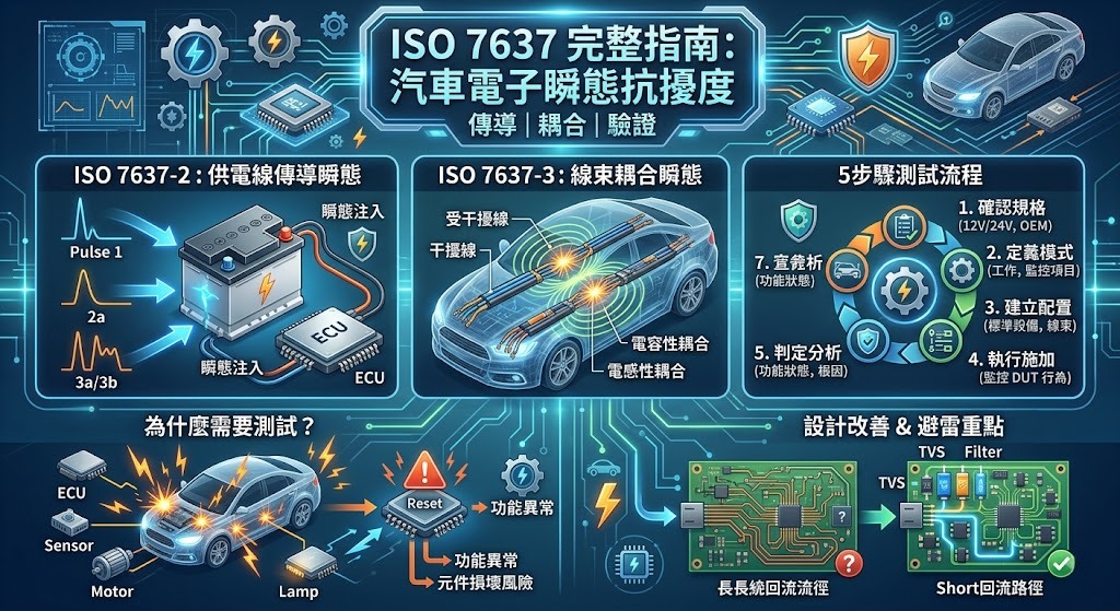 ISO 7637 是什麼?汽車電子瞬態抗擾度、測試項目與驗證流程完整指南