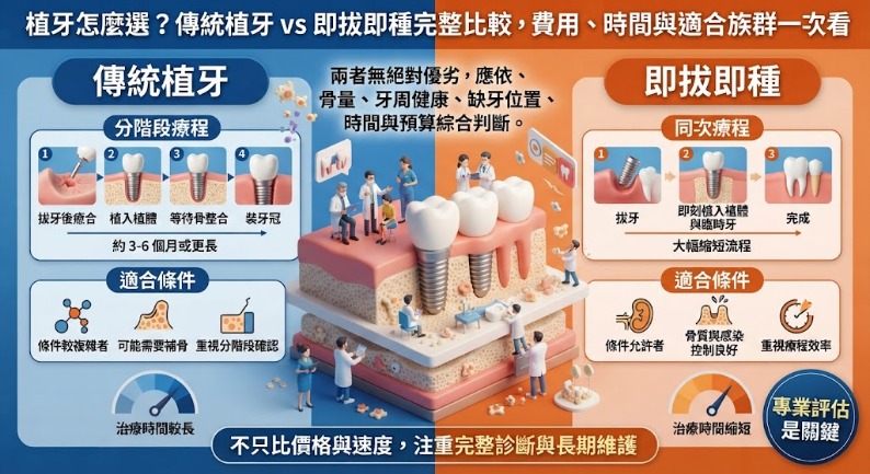 植牙怎麼選?傳統植牙 vs 即拔即種完整比較,費用、時間與適合族群一次看