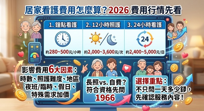 居家看護費用一天多少錢?2026 鐘點、12小時與24小時行情整理