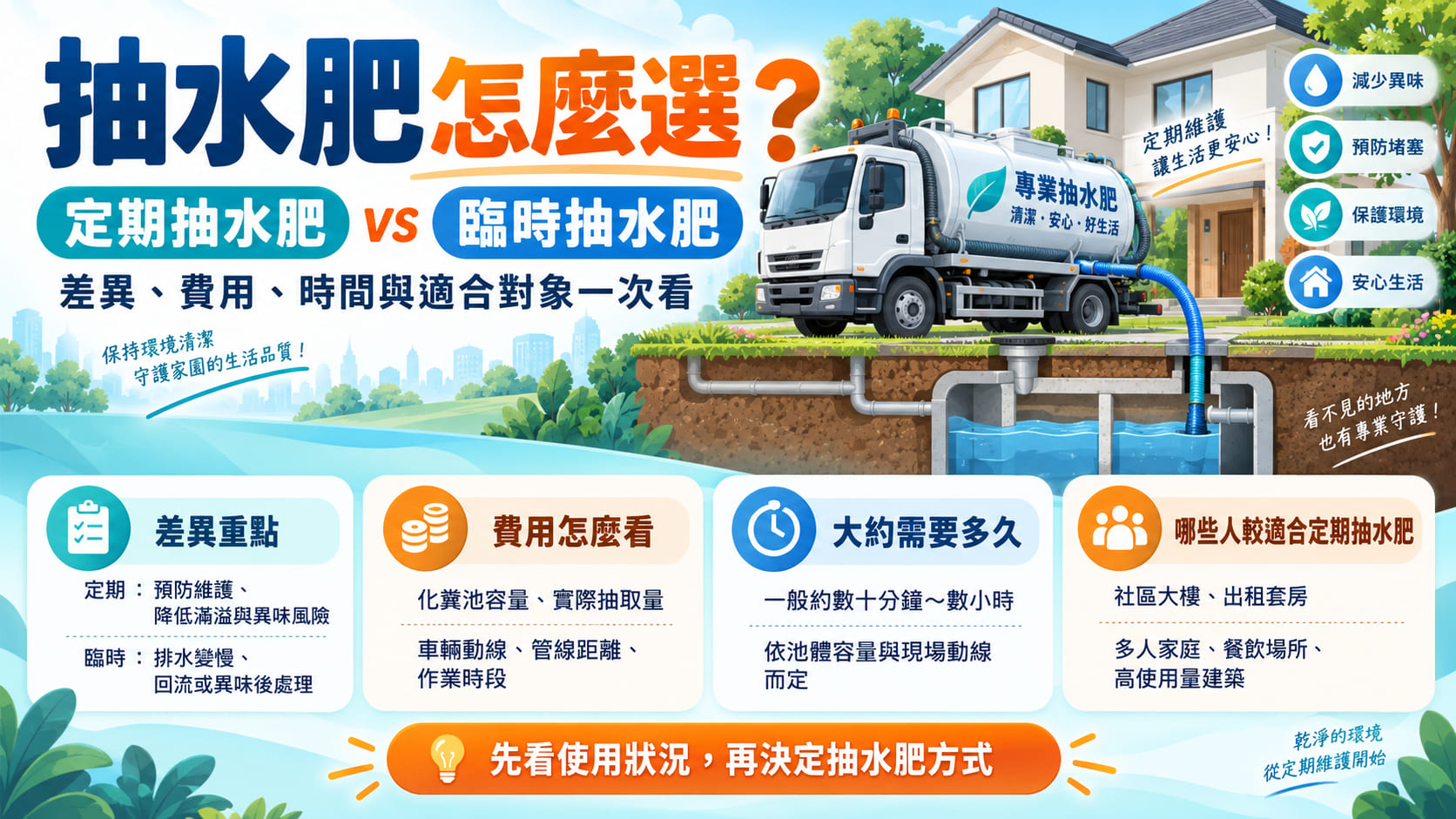 抽水肥怎麼選?定期抽水肥 vs 臨時抽水肥差異、費用與適合情境一次看