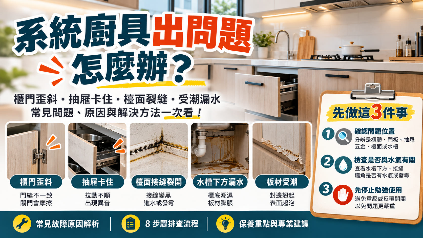 系統廚具出問題怎麼辦?櫃門歪斜、抽屜卡住、受潮漏水與維修排查一次看