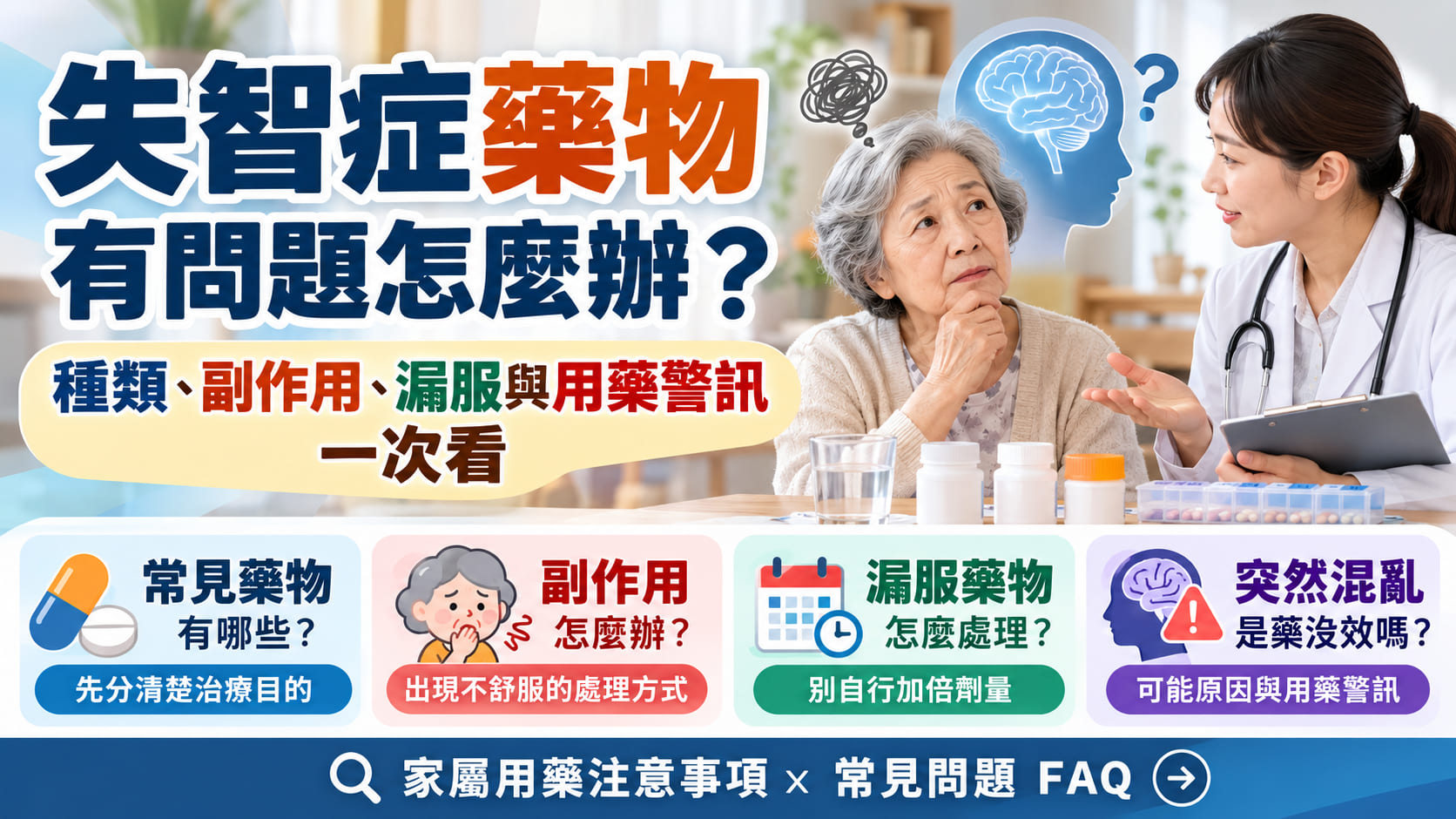失智症藥物怎麼選、吃了沒改善怎麼辦?本文整理常見失智症藥物種類、可能副作用、漏服處理原則、用藥後突然混亂的判斷方式,以及什麼情況需要盡快就醫。不同失智症藥物適用的疾病類型、階段與風險不同,家屬不宜自行停藥、加藥或換藥,應記錄症狀與完整用藥清單,交由醫師或藥師評估,並從認知變化、生活功能與整體病程綜合判斷治療效果。